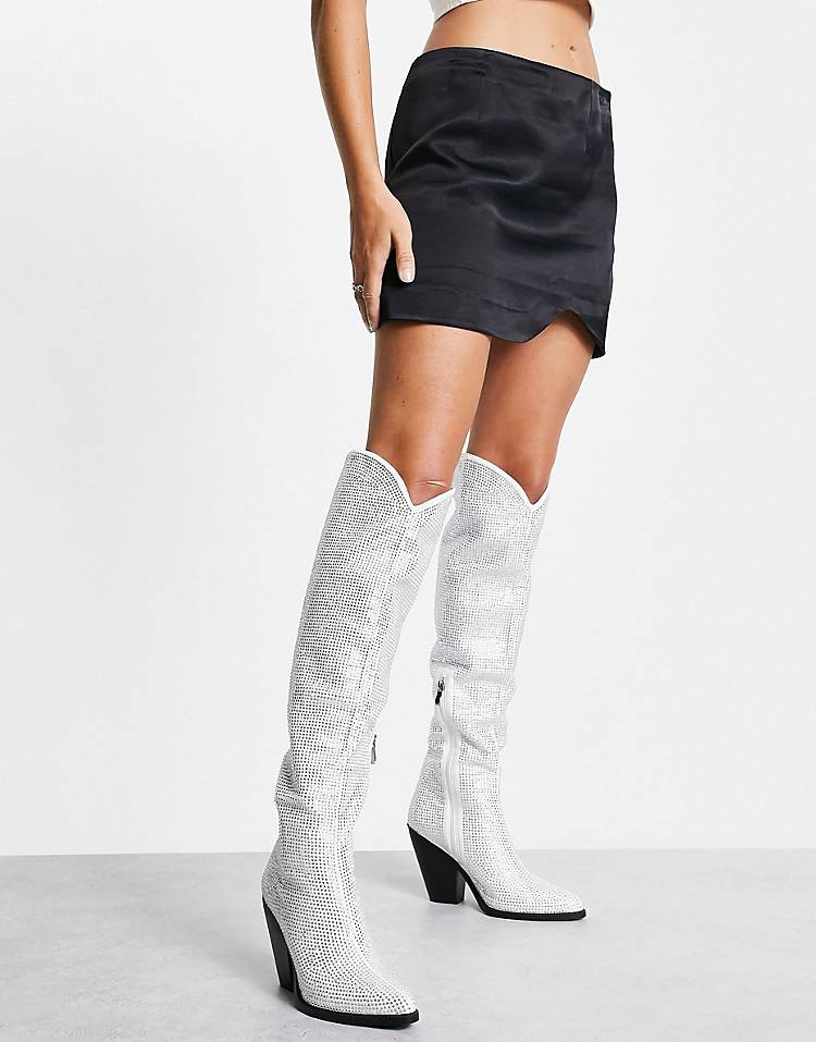 Azalea Wang Nash rhinestone western boots in white and silver